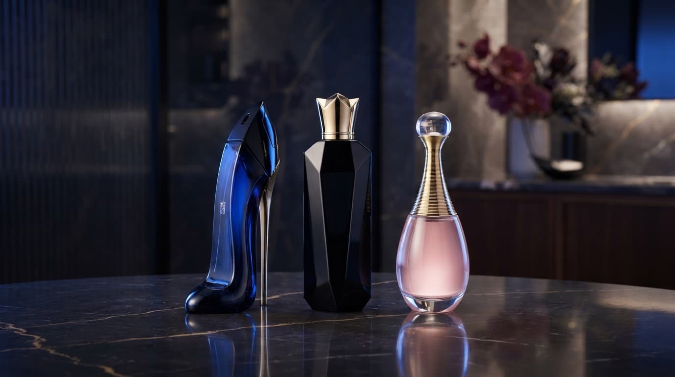 Carolina Herrera Fragrance Review: Best Scents, Value and Buying Tips 3 Three elegant fragrance bottles on a polished table under blue and warm lighting.