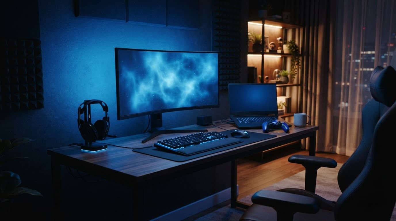A gaming desk with a monitor, laptop, controller, and blue ambient light.