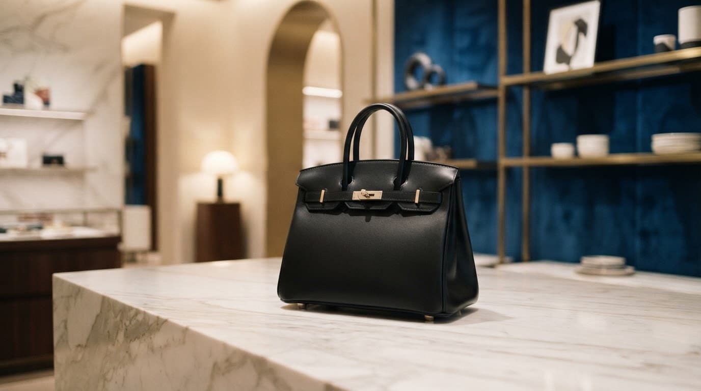 Prada Handbag Review: Styles, Value and Buying Advice for UK Shoppers 3 Blue leather handbag displayed on a marble surface in a luxury boutique.