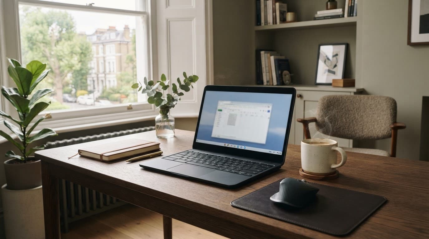 A Chromebook and coffee cup sit on a stylish desk beside a bright window.