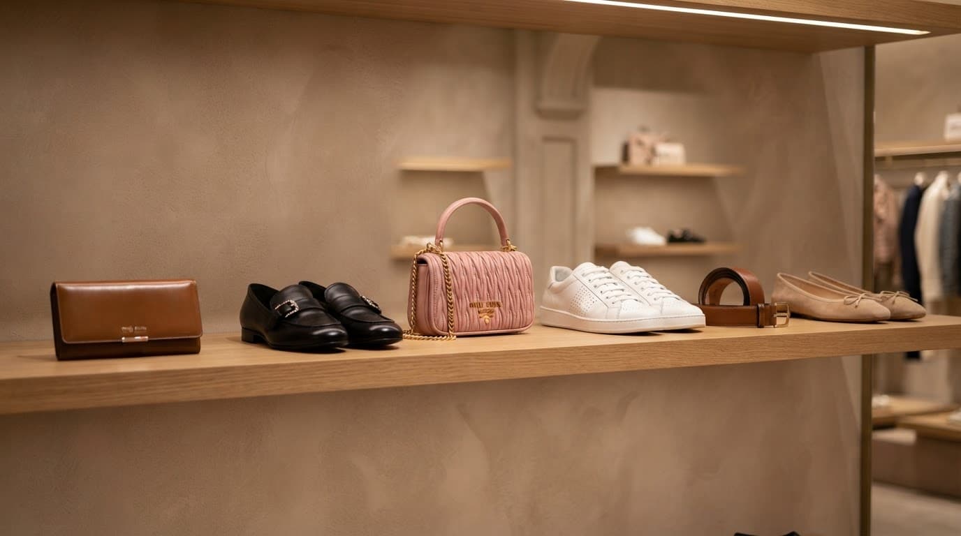 Designer shoes and leather goods displayed on a clean wooden boutique shelf.