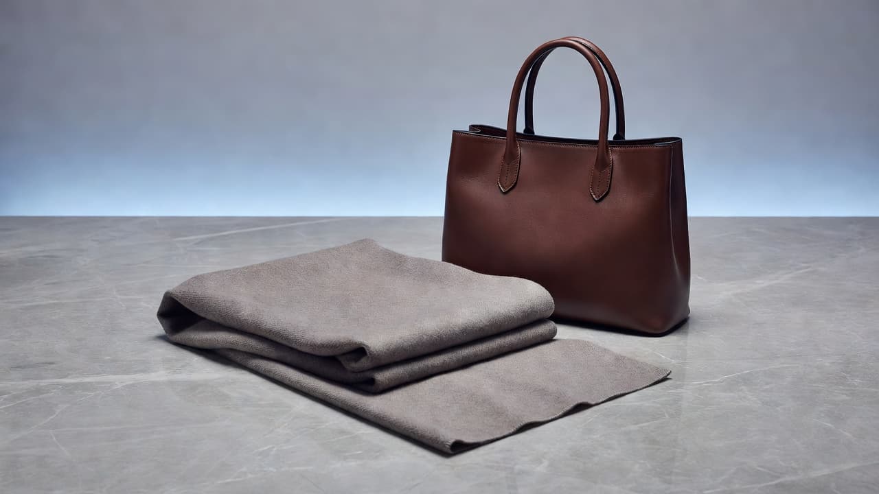 Loro Piana Review: Materials, Value and First Buys 2 A plush folded cashmere scarf rests next to a handcrafted premium leather bag on a clean, neutral surface. Soft blue accent lighting casts elegant shadows across the refined product arrangement.