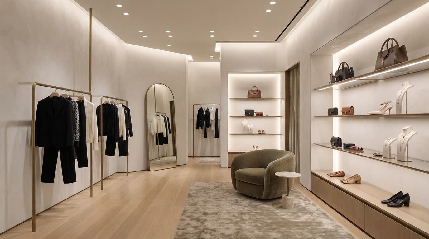 An empty upscale boutique interior featuring minimal clothing racks and warm lighting.