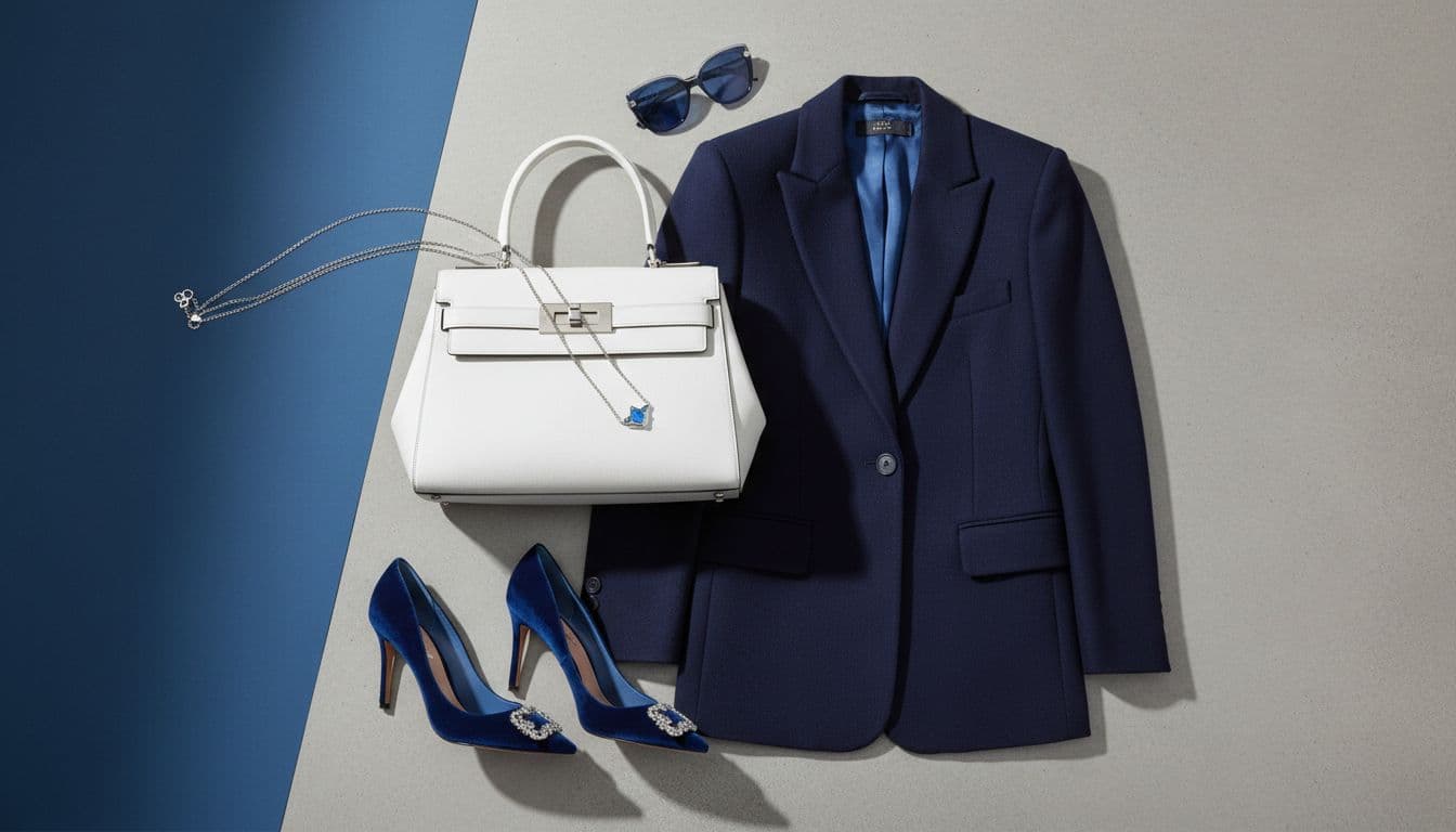 Flat-lay of high-end handbag, structured blazer, and elegant shoes on clean background with deep blue accents.