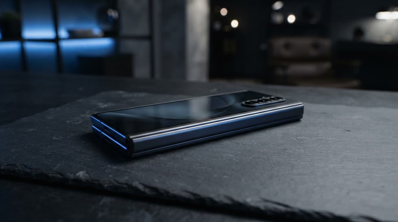 A slim foldable smartphone on a dark slate desk with blue lighting.