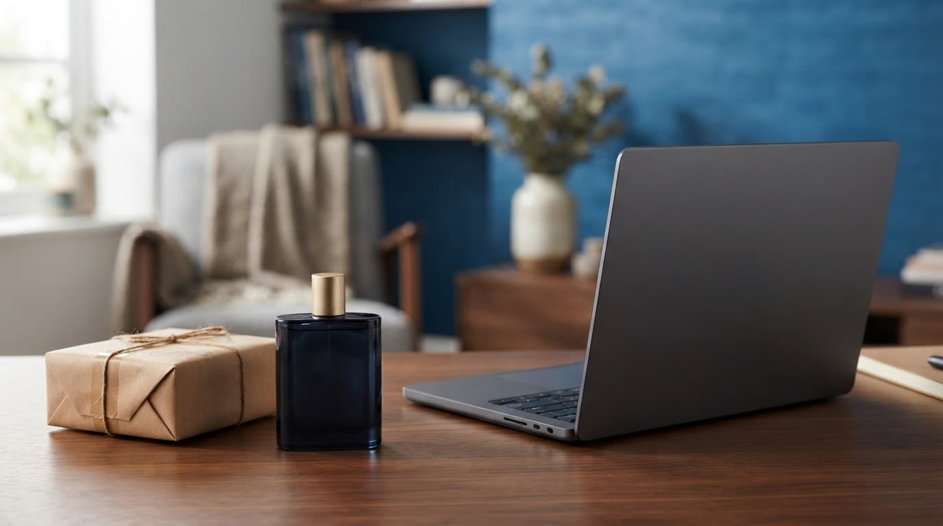 Carolina Herrera Fragrance Review: Best Scents, Value and Buying Tips 4 A perfume bottle and parcel beside a closed laptop on a refined blue-accented desk.