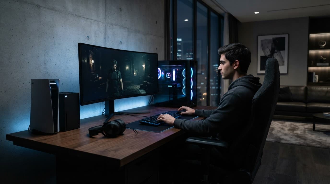 A gaming monitor and desk with blue lighting in a modern living room.