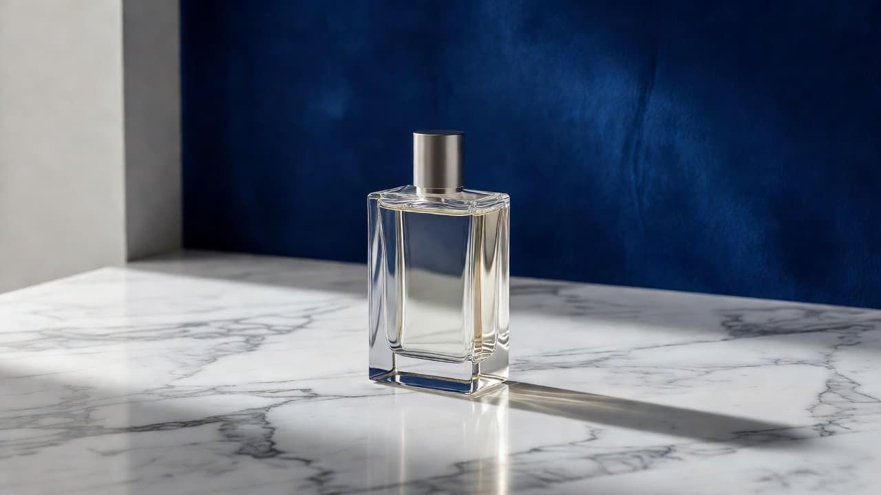 A refined glass perfume bottle sits centered on a polished white marble vanity. The soft ambient light highlights the curved edges, while a rich deep blue background provides a sophisticated aesthetic.