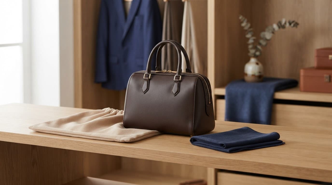 Prada Handbag Review: Styles, Value and Buying Advice for UK Shoppers 6 Leather handbag beside a dust bag and cleaning cloth on a wooden shelf.
