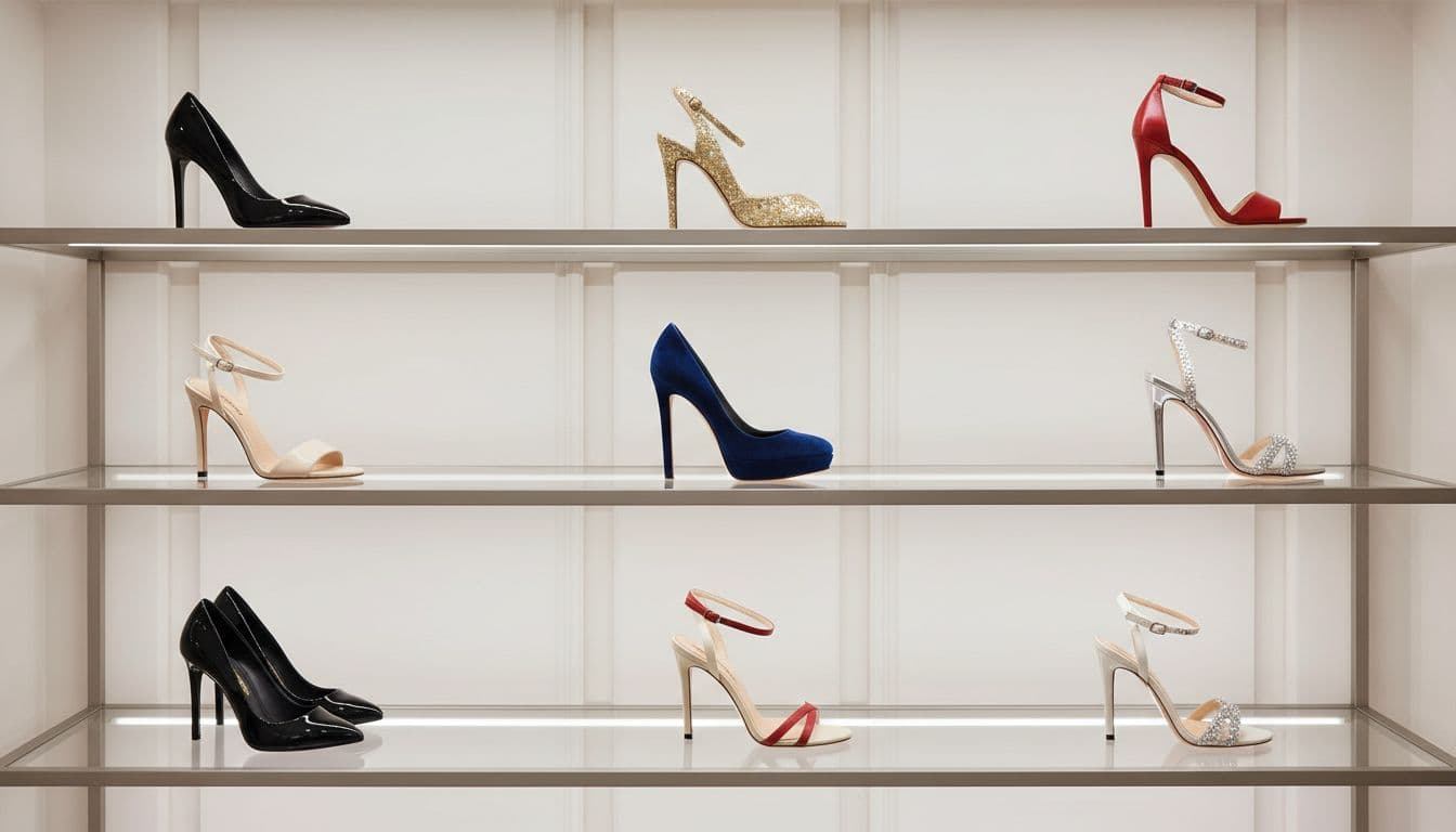 Various luxury pumps, slingbacks, and sandals are arranged on a sleek glass display shelf.