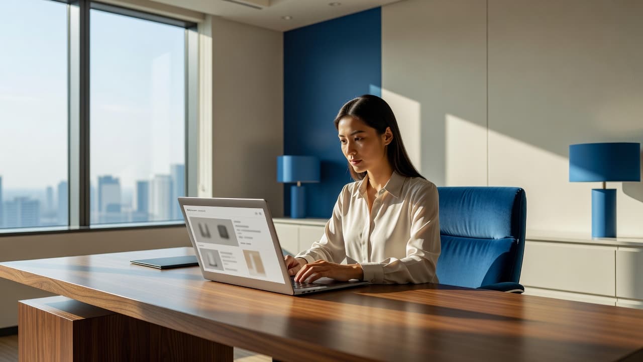 A focused individual views a sleek laptop inside a sunlit, high-end office featuring bold blue accents. The screen displays blurred product interfaces while the room maintains a clean, sophisticated atmosphere.