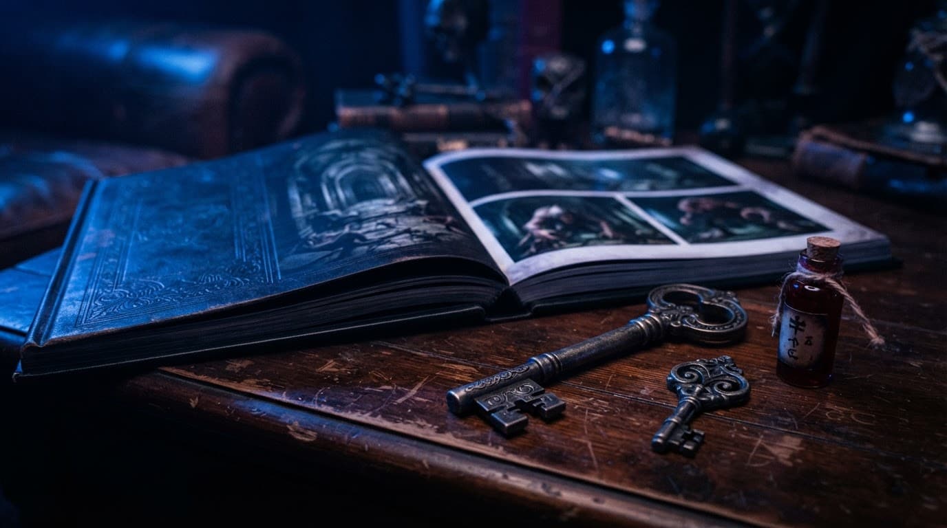 A luxury horror game art book and collectibles on a dark wooden surface.