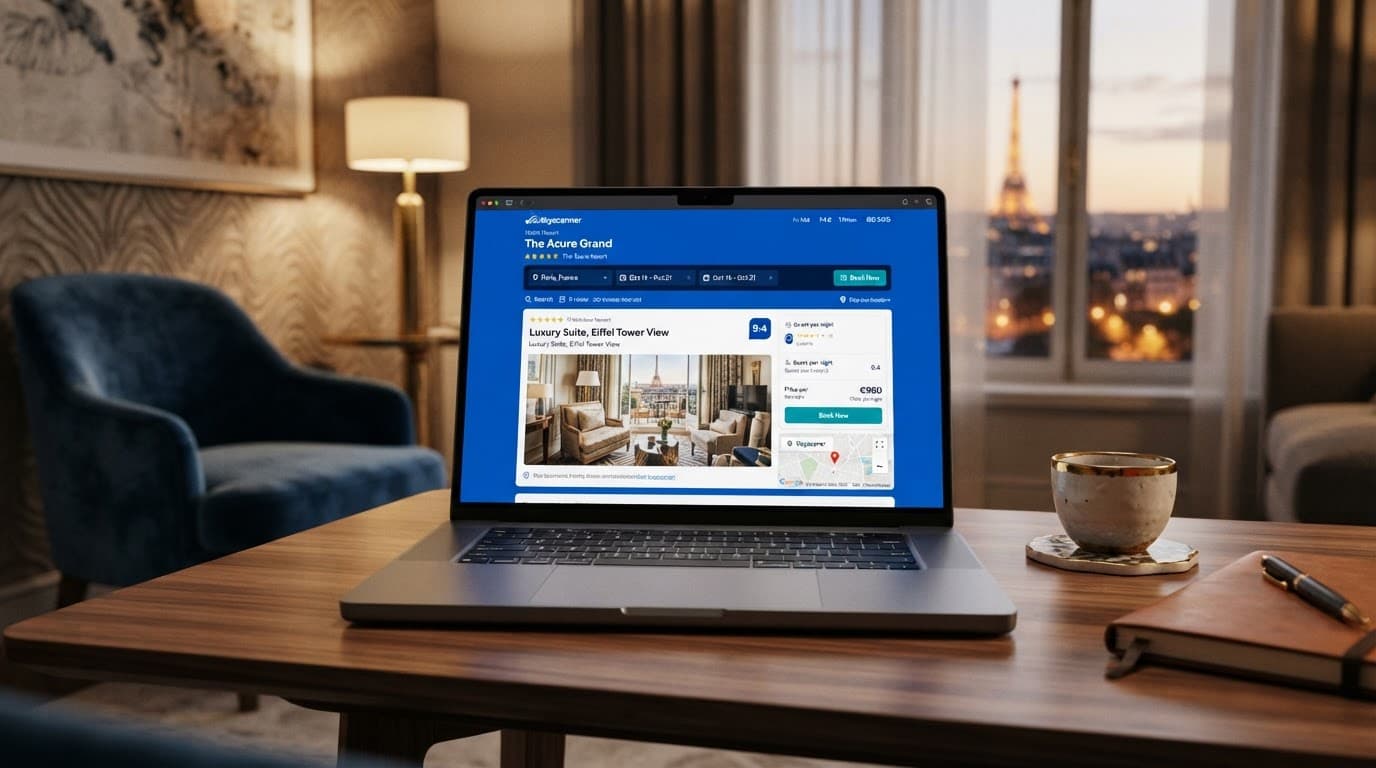 Skyscanner: Compare Flights, Hotels and Car Hire 2 Laptop showing a hotel search in a warmly lit luxury interior.