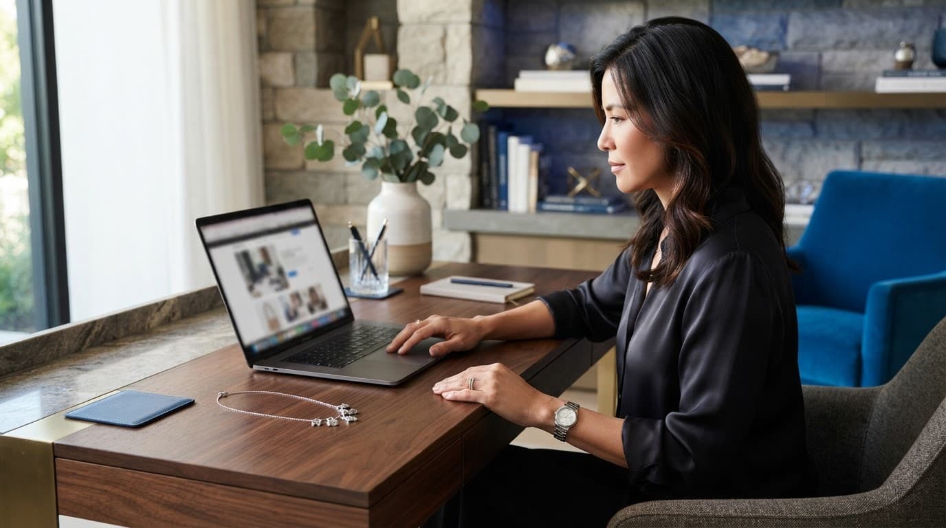 A shopper compares jewellery on a laptop beside a charm necklace.