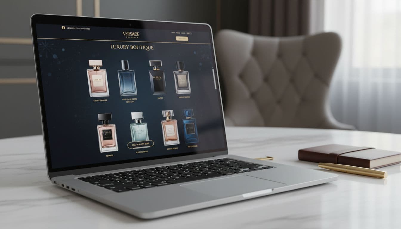 A sleek laptop displays a fragrance store interface on a clean, professional desk.