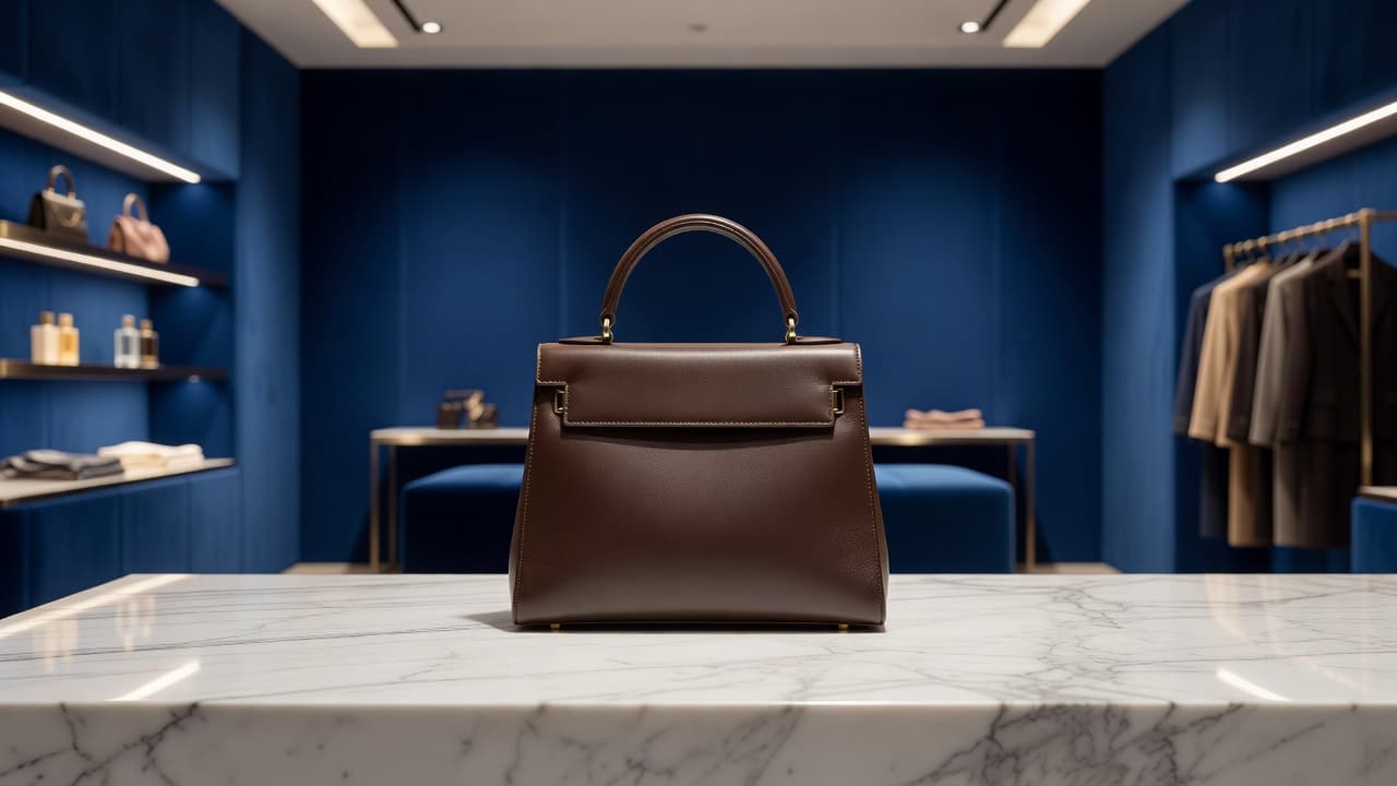 A structured leather handbag sits centered on a polished white marble counter within an upscale boutique. The composition features soft ambient lighting, metallic hardware accents, and a vibrant blue decor background.