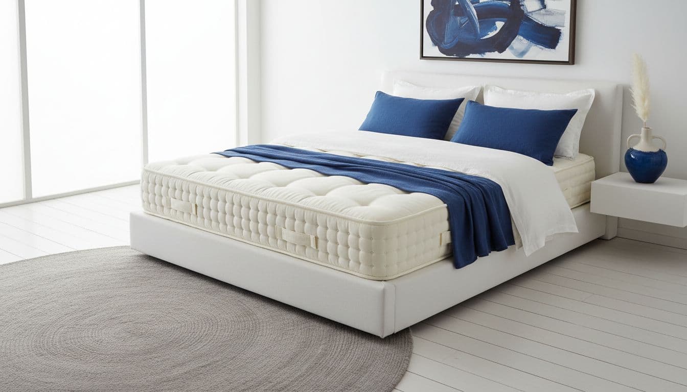 A high-end mattress sits atop a sleek white base in a minimalist bedroom. Soft light illuminates crisp white linens accented by deep blue pillows, creating an atmosphere of professional serenity.