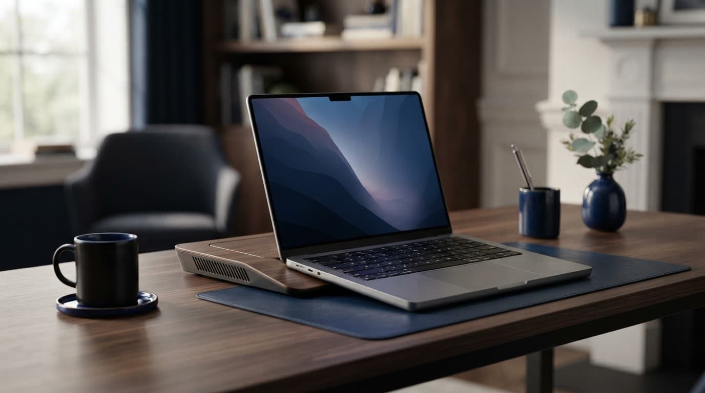 Apple MacBook Review: Air or Pro, Which Model Offers Better Value? 2 Two aluminium laptops sit on a refined desk in a blue-lit home office.