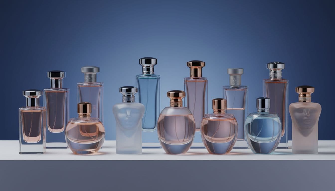 An assortment of elegant glass fragrance bottles sits on a sleek white minimalist shelf. Deep blue shadows provide a sophisticated contrast to the luminous containers under professional studio lighting setups.