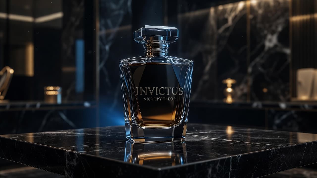 A sleek, transparent fragrance bottle to resemble a Invictus Victory Elixir bottle rests upon a reflective dark stone surface. The composition is illuminated by moody, dramatic lighting that highlights subtle blue accents and the sharp, architectural silhouette.