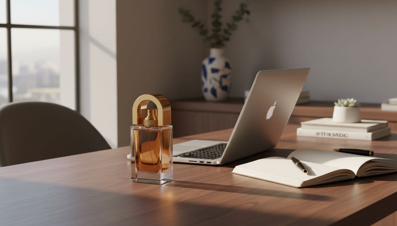 Luxury perfume bottle on wooden desk beside closed laptop, notebook, and blue vase in sunlit modern home office.