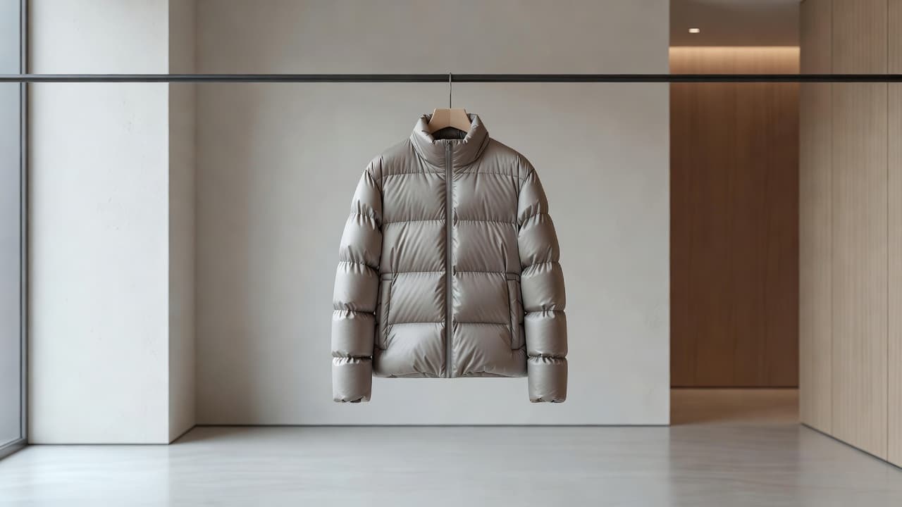 A premium winter puffer jacket hangs on a polished wooden hanger inside an elegant dressing room. The garment features high-quality fabric and soft, diffused light highlighting its contemporary textured silhouette.