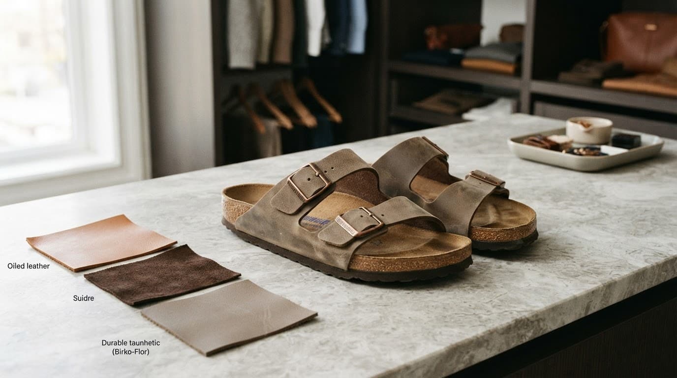 Blue-accented sandals and material swatches rest on a pale stone surface.