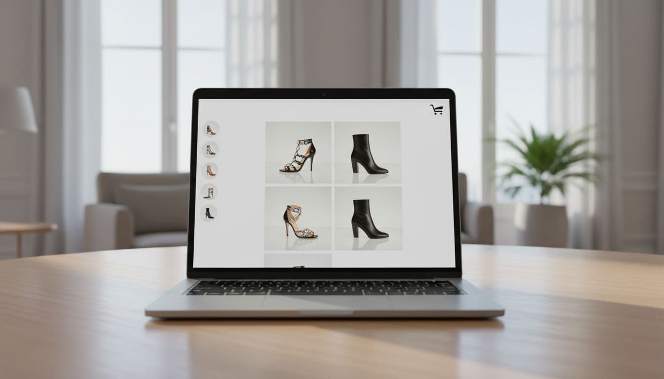 A modern laptop sits on a clean desk displaying a luxury shoe collection webpage.