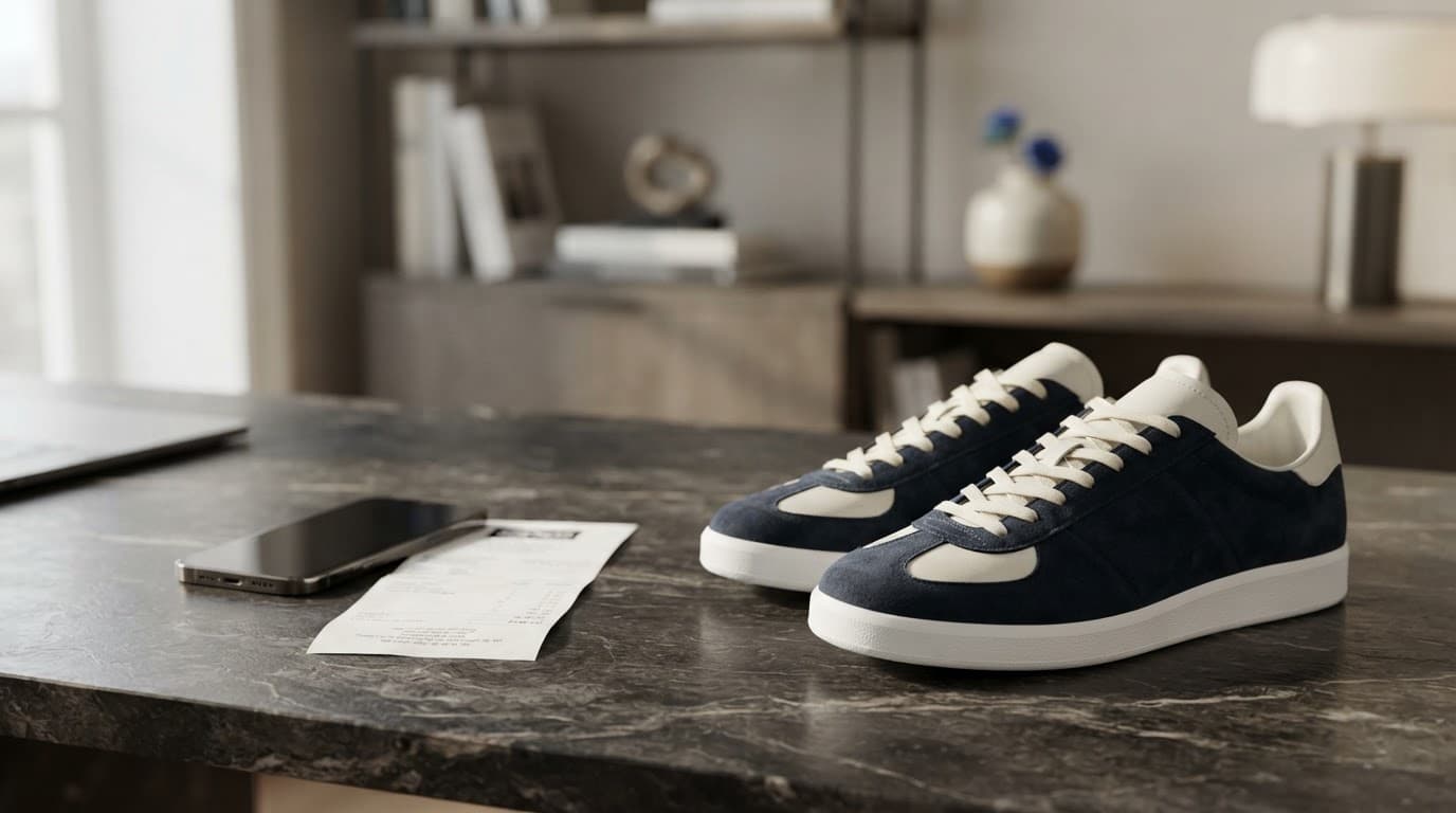 Unbranded trainers beside a smartphone and receipt on a dark office desk.