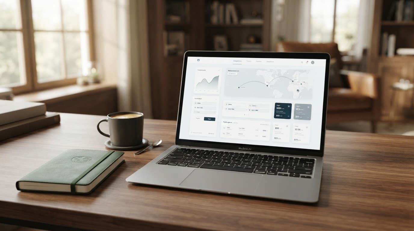 Skyscanner: Compare Flights, Hotels and Car Hire 1 Laptop showing a holiday itinerary beside a journal and coffee on a wooden desk.