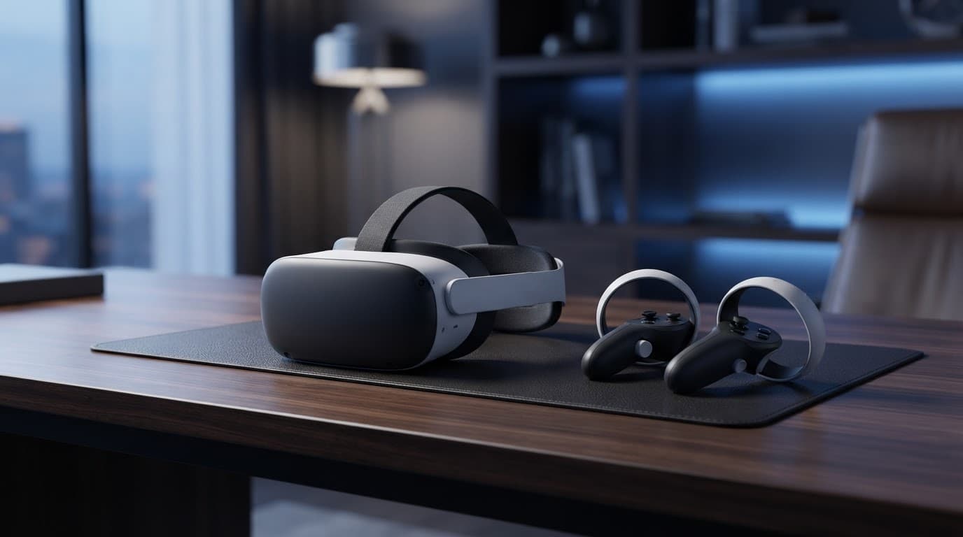 VR headset and two controllers on a dark desk in a modern office.