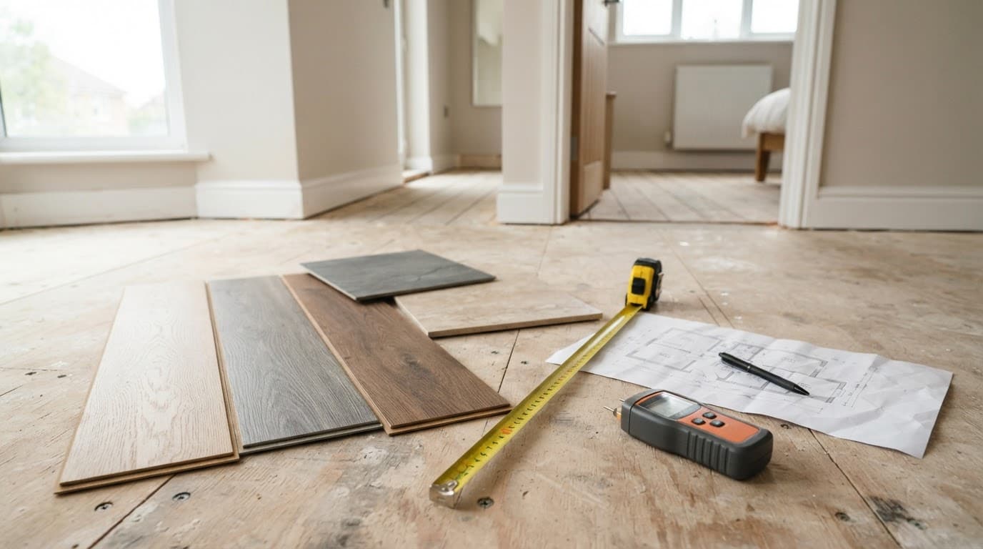 LVT samples, a measuring tape, floor plan, and moisture meter sit on an unfinished floor.