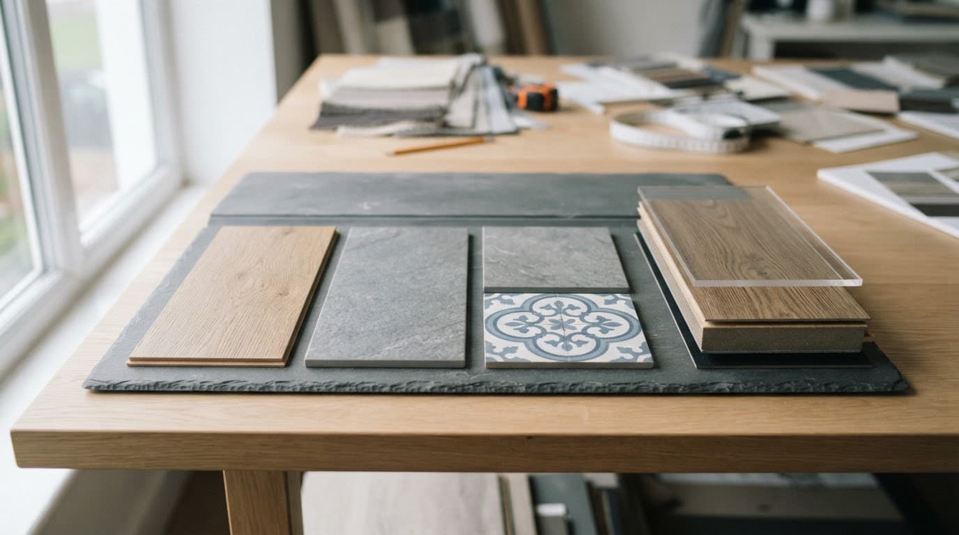 Open board showing wood, stone, geometric, and layered LVT flooring samples.