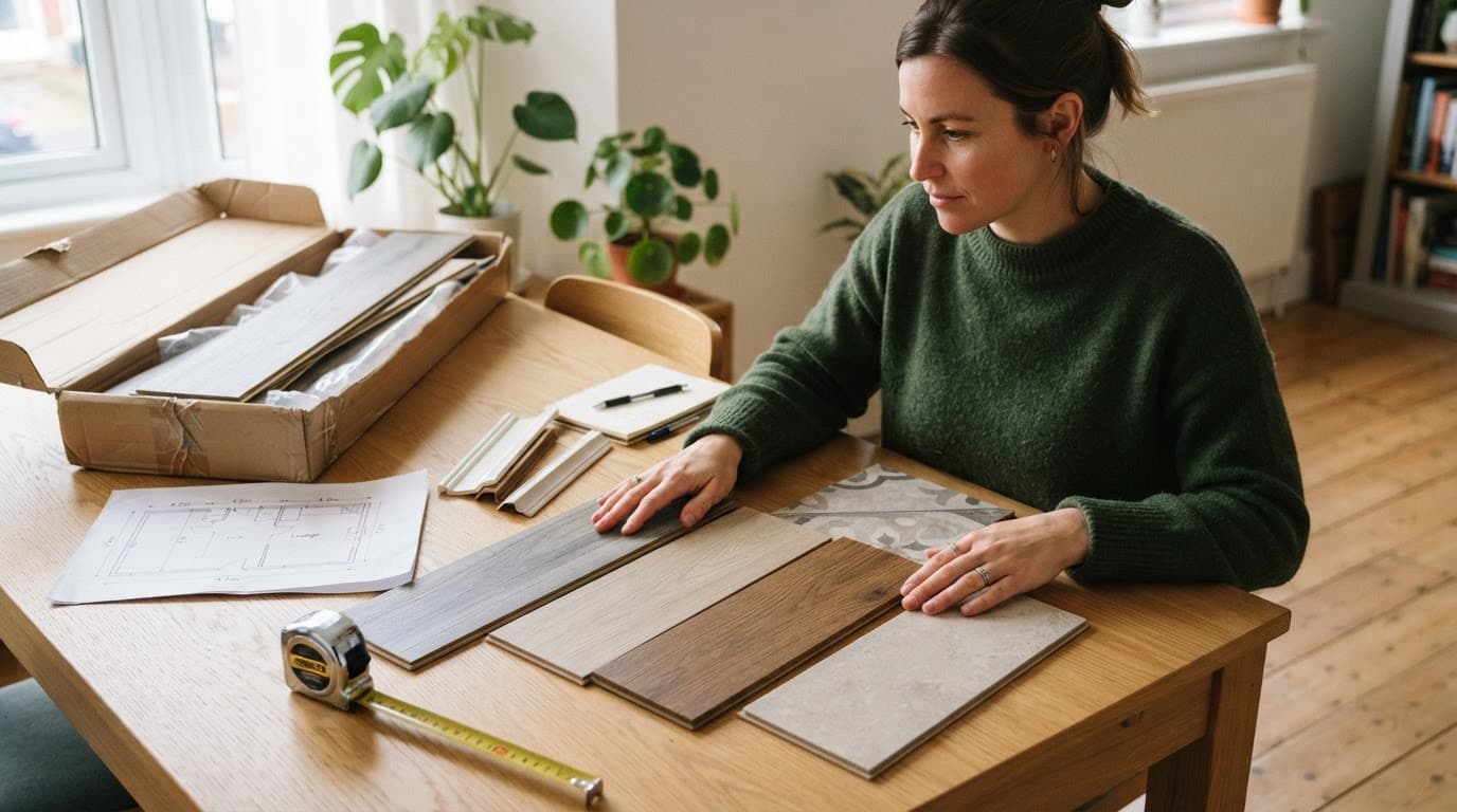 Person comparing flooring samples with a tape measure and room plan at a home table.