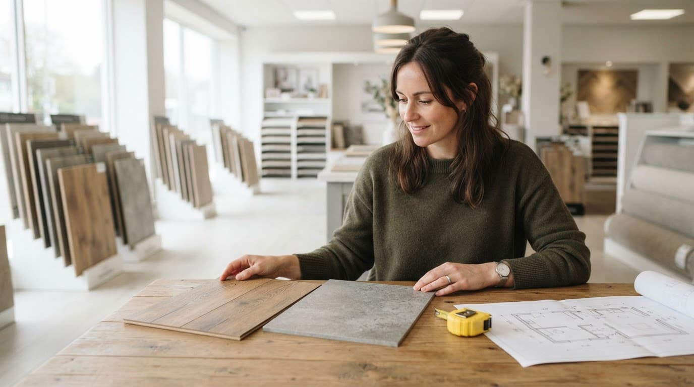 A shopper compares two LVT flooring samples beside a tape measure and room plan.