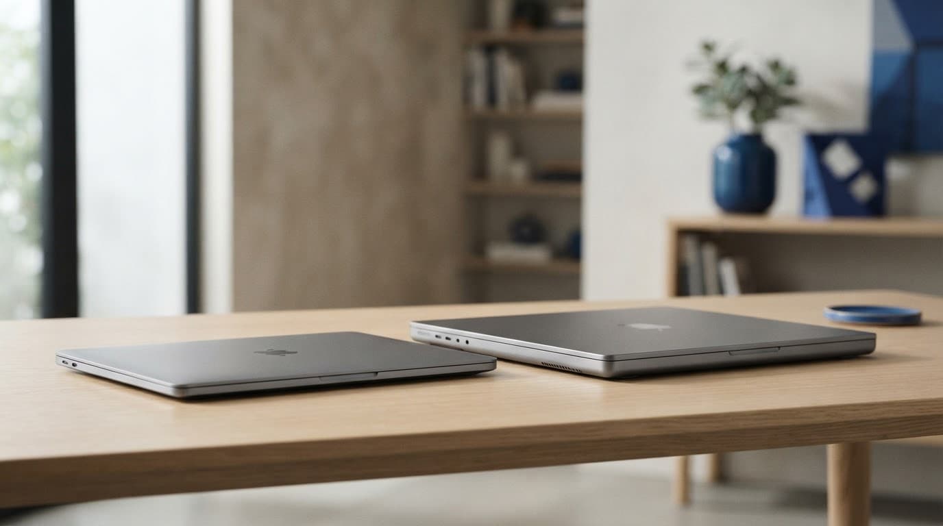 Apple MacBook Review: Air or Pro, Which Model Offers Better Value? 1 Two closed laptops sit side by side on a pale desk, with one slimmer model slightly ahead.