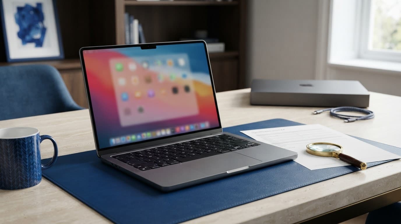 Apple MacBook Review: Air or Pro, Which Model Offers Better Value? 5 Open premium laptop beside a specification sheet and magnifying glass on a blue-accented desk.