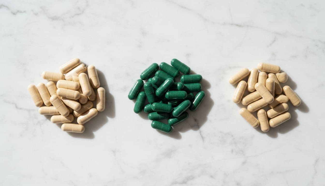 Assortment of magnesium supplement capsules in three small piles on a clean white marble surface: pale beige for glycinate, green for citrate, tan for oxide. Close-up top-down photorealistic product photography with bright natural lighting and high detail on textures.
