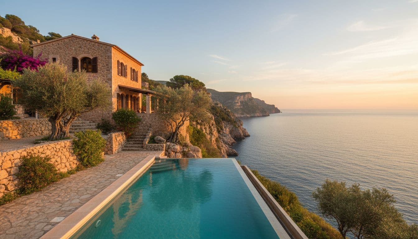 A charming Spanish villa on Mallorca's cliffs boasts an infinity edge pool with turquoise sea views, stone walls, wooden shutters, lush greenery, and olive trees under soft golden hour lighting.