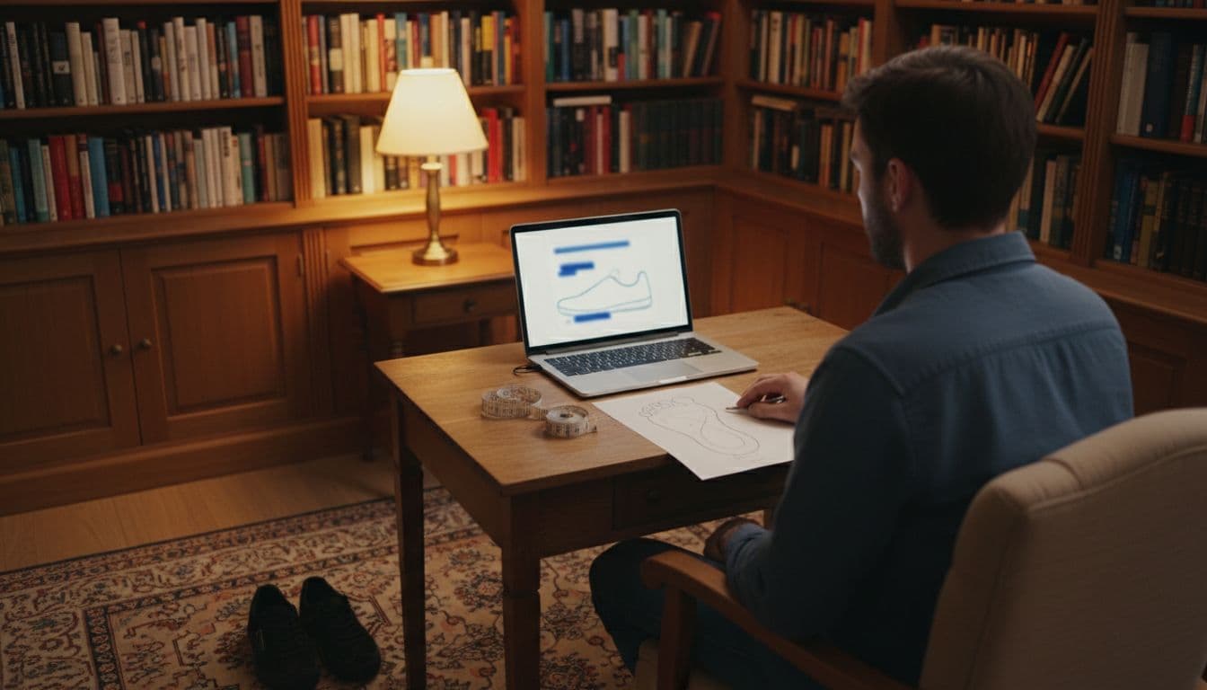 Man at home desk views blurred trainer size guide on laptop, foot outline paper, tape measure nearby, black suede trainers on floor.