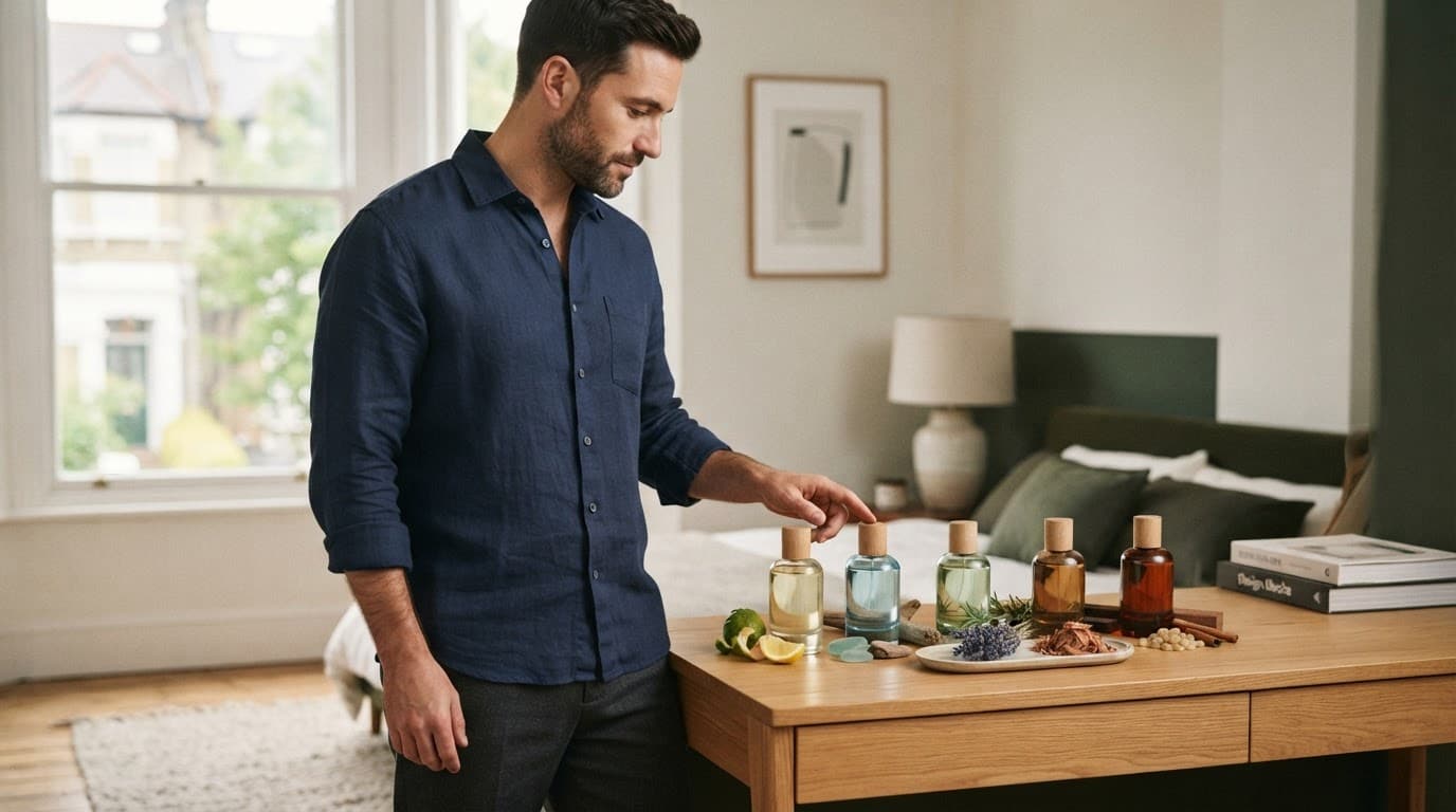 A man considers fragrance bottles arranged on a dressing table.