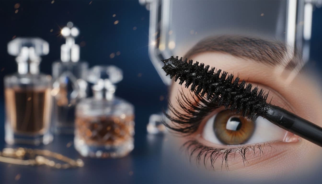Maybelline: Make-up Brand That Still Matters, Buyers Guide & Online Store 3 Close-up of mascara brush with voluminous fibers applying product to lashes on one eye against blurred luxurious vanity with crystal accents.