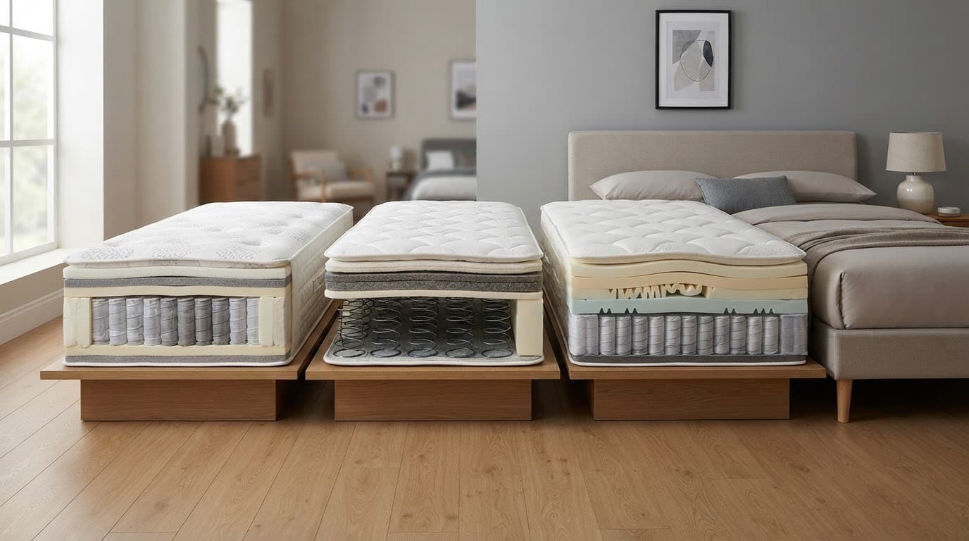 Three cutaway double mattresses show pocket springs, connected coils, and layered foam.