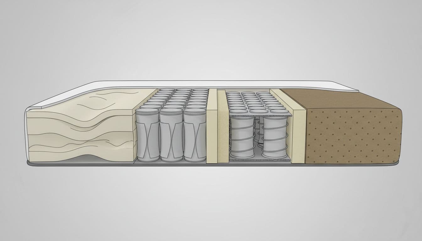 Close-up side view cutaway illustration of king size mattress layers including memory foam, pocket sprung coils, hybrid foam and springs, and natural latex firm structure. Clean technical diagram style with neutral background, soft lighting, and exactly four sections for visual comparison of common mattress types.