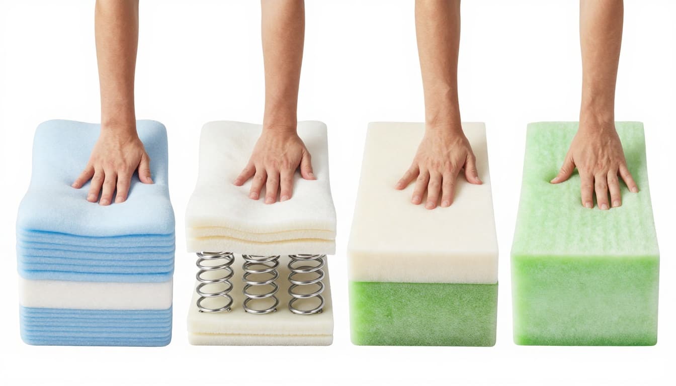 Cross-section illustration of memory foam, pocket sprung, hybrid, and latex mattresses side by side, each demonstrating pressure response with a hand pressing down. Detailed technical diagram showing internal layers, materials, and bounce characteristics.