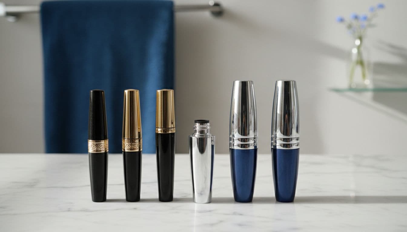 Maybelline: Make-up Brand That Still Matters, Buyers Guide & Online Store 1 Six classic and modern mascara tubes arranged on polished marble vanity in sunlit bathroom with subtle reflections.