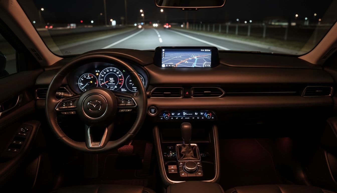 Close-up of Mazda CX-60 dashboard during a night drive, featuring steering wheel, gear selector, central console, climate controls, and active infotainment screen with navigation map. Speedometer shows 70 mph on digital cluster, interior lit by soft red glow from gauges.