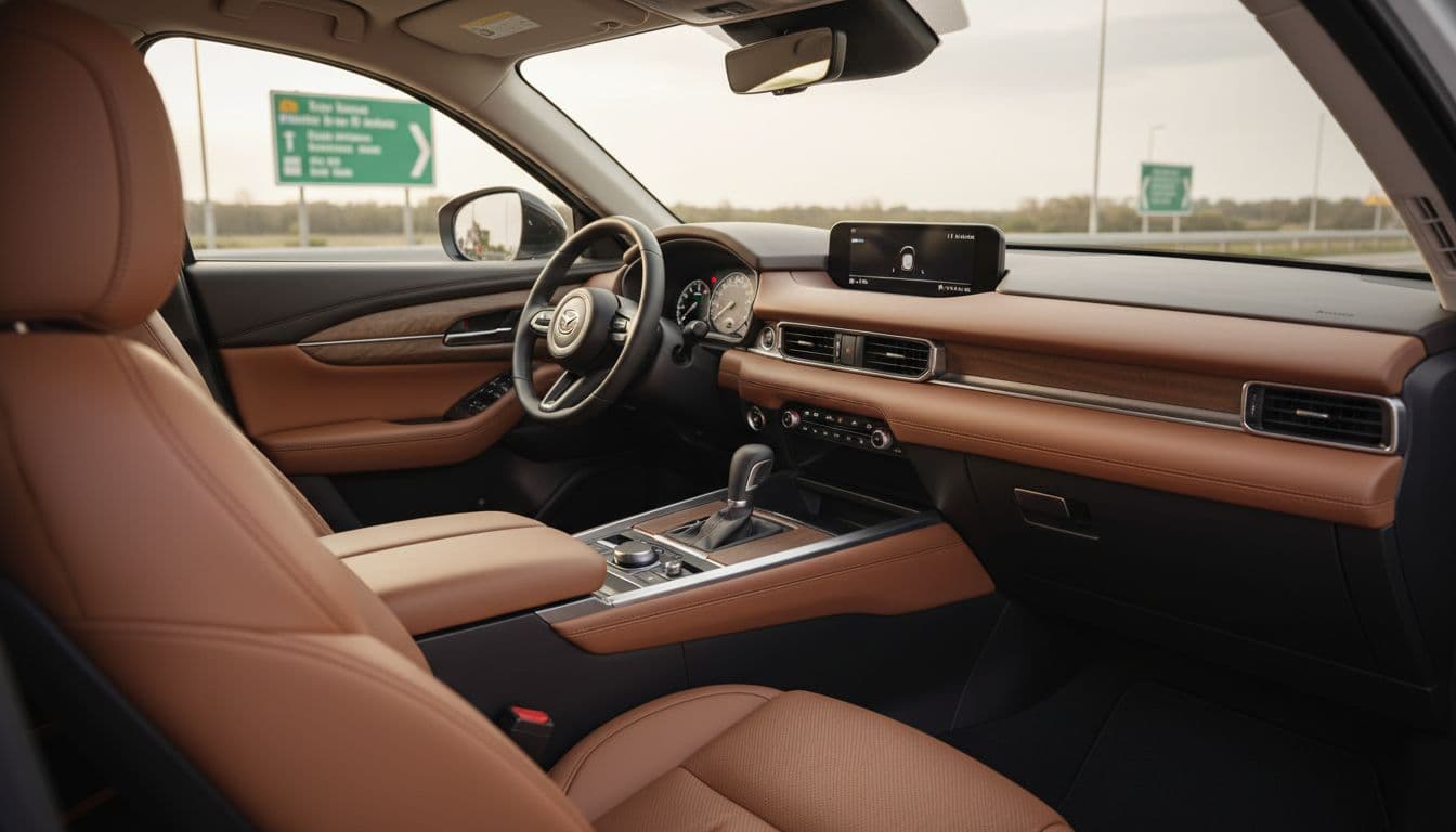 Photorealistic view of the Mazda CX-60 SUV's spacious cabin from the driver's seat, highlighting premium leather seats, wooden trim accents, large central touchscreen, digital instrument cluster, and ample rear legroom with modern design and soft ambient lighting.