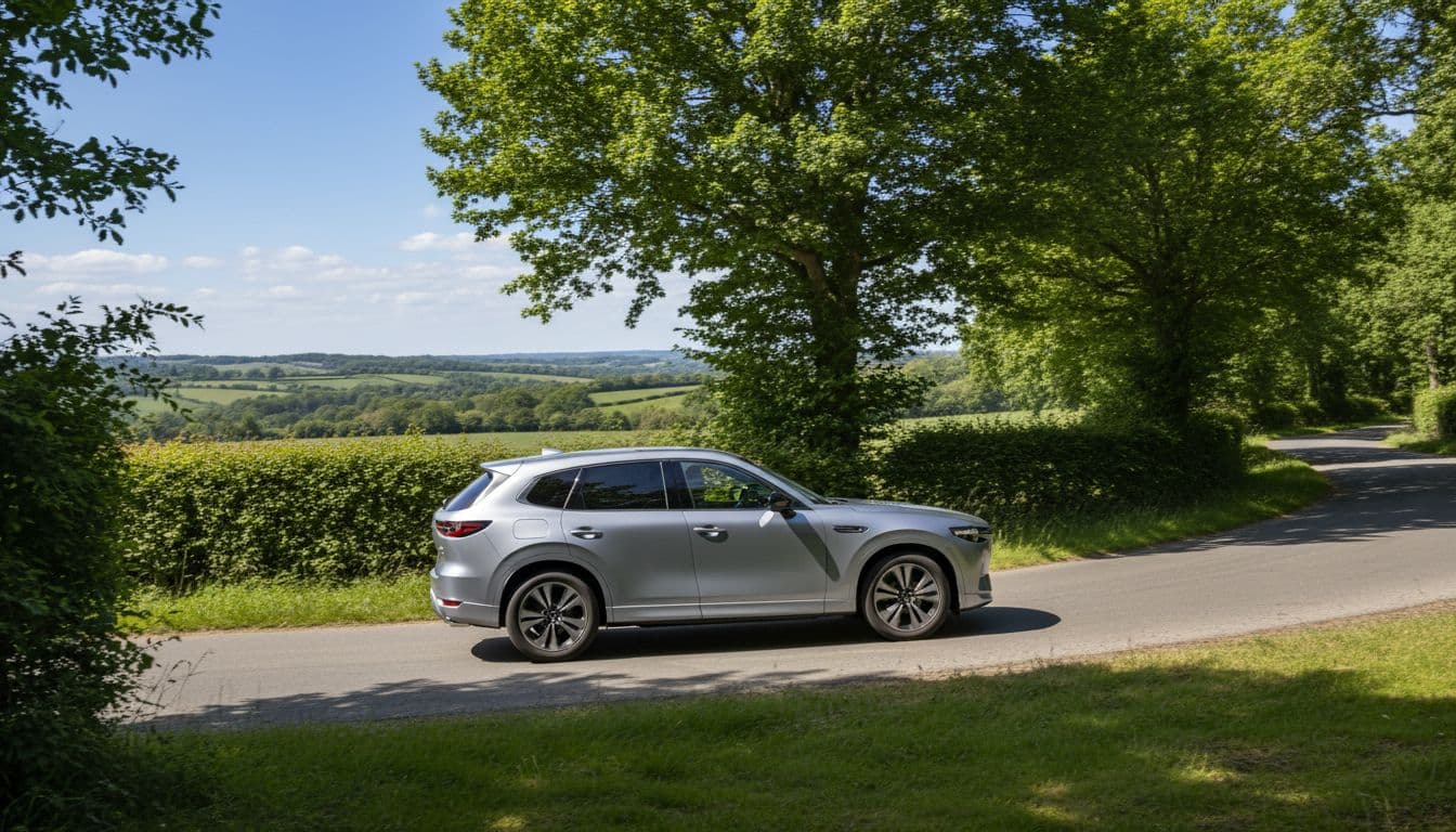 Mazda CX-60 SUV cornering on a twisty UK B-road with hedges and trees lining the road, dynamic motion blur on wheels to show handling, low body stance and wide track evident. Side profile view capturing confident stance and brake lights on. Sunny day with blue sky, green countryside backdrop. Photorealistic action shot style with vibrant colours and depth of field focusing on the car. Mood of precise driving enjoyment.