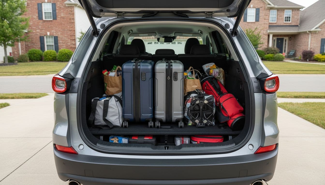 Open boot of a Mazda CX-60 SUV loaded with family luggage including suitcases, golf bags, and shopping bags, featuring flat loading floor, low lip, split-folding rear seats, and underfloor storage. Rear exterior view on driveway with house background under daylight.